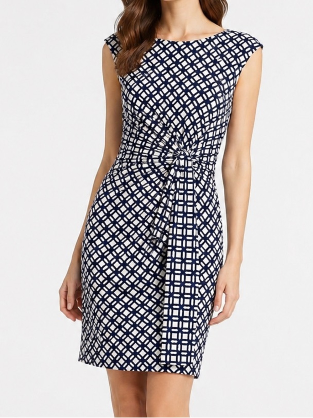 Lauren Ralph Lauren Navy White Geometric Print Ruched Sheath Dress Size 4P
